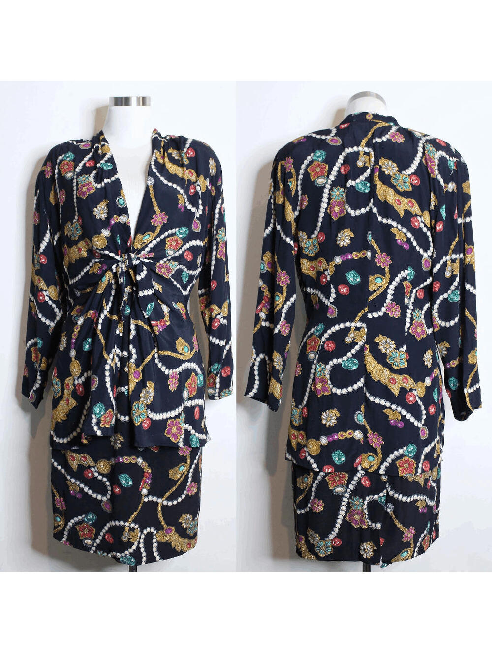 VTG Black Jewel Print Blouse Pencil Skirt Set - 6